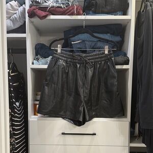 Good American Black Faux Leather High Waist Drawstring Shorts